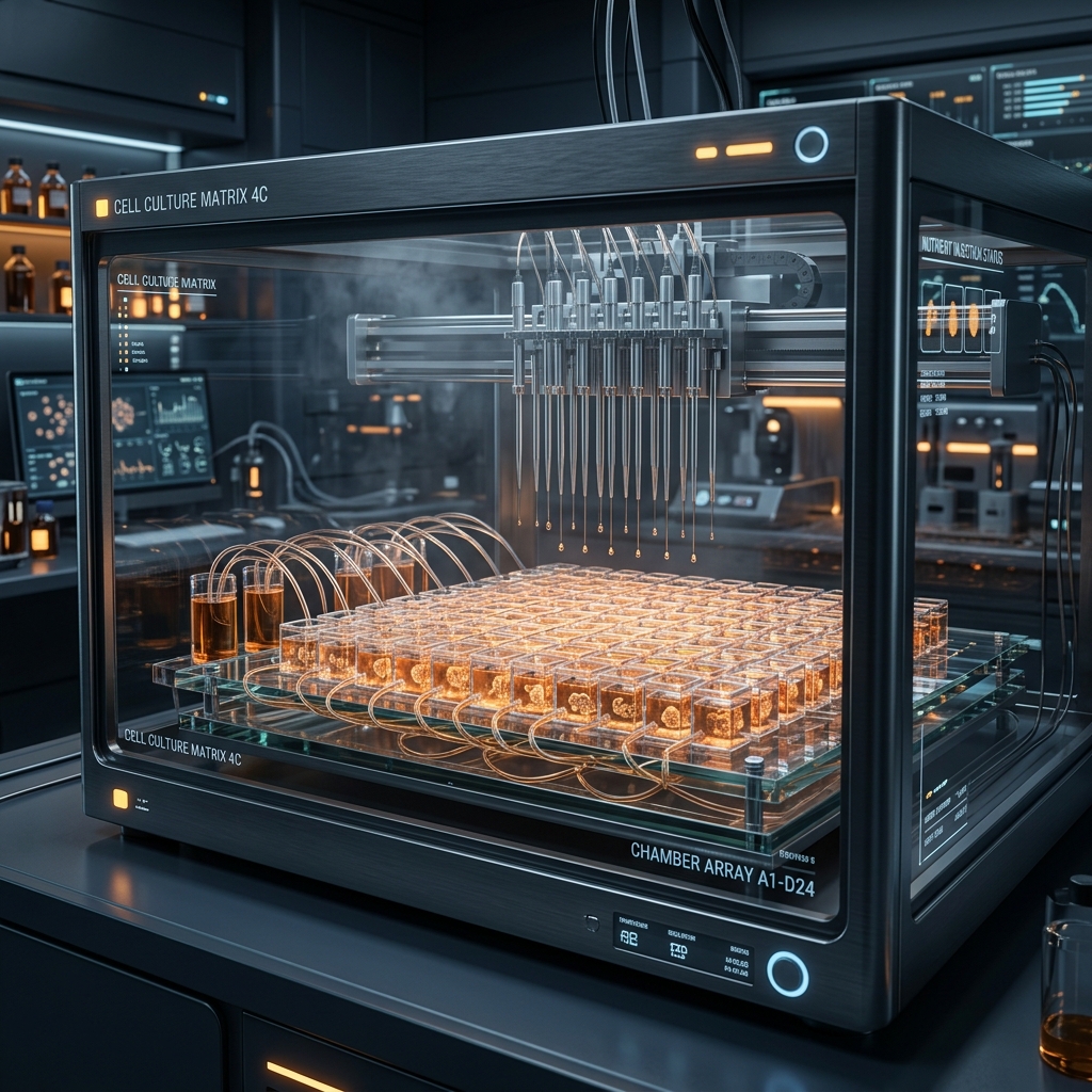 Incubadora de microfluidos robotizada mantendo os biocérebros na temperatura e oxigenação ideais — Fonte: FolhaByte/IA